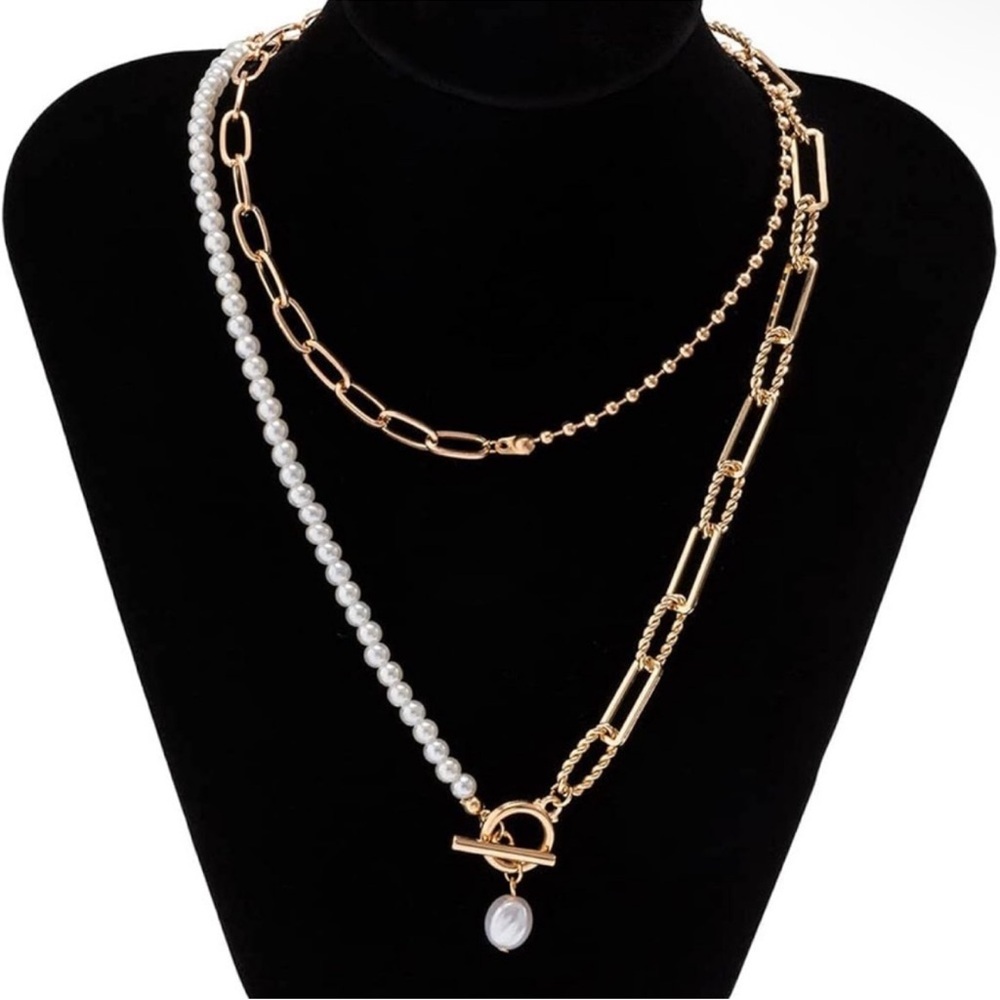 Wrap Gold Pearl Paperclip Link Necklace - Picture 2 of 3